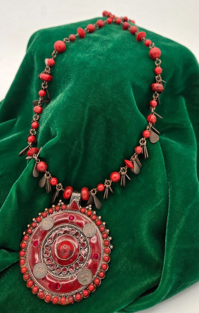 Vintage Ethnic Bronze Shield Medallion Pendant Necklace Red Stone Beaded Dangle